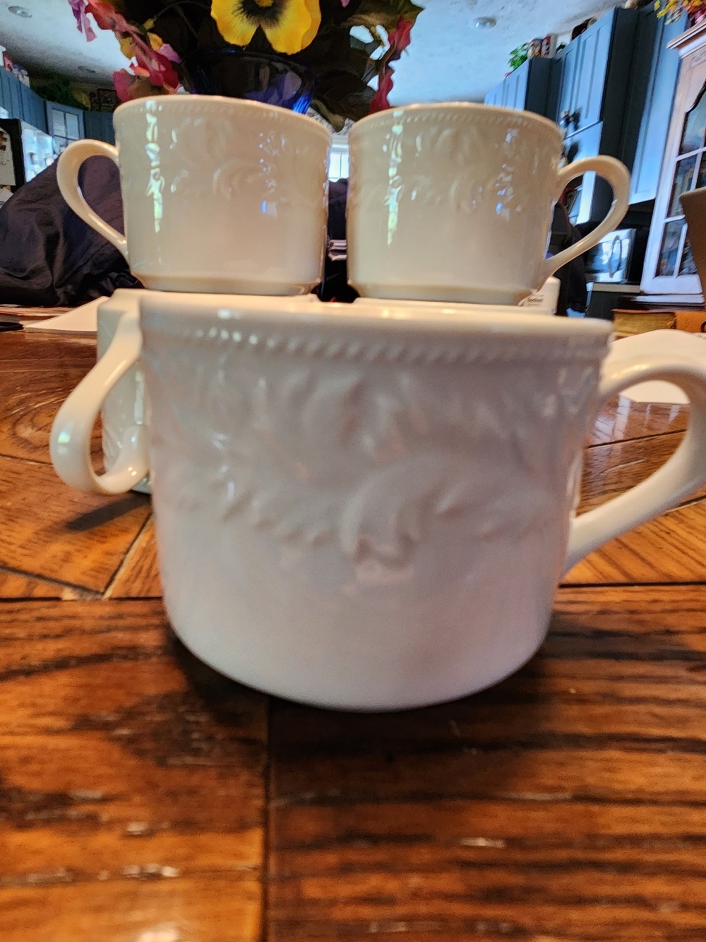 Set Of Seven Sango Garland 8837 Pattern White Ceramic Embossed Coffee Mugs